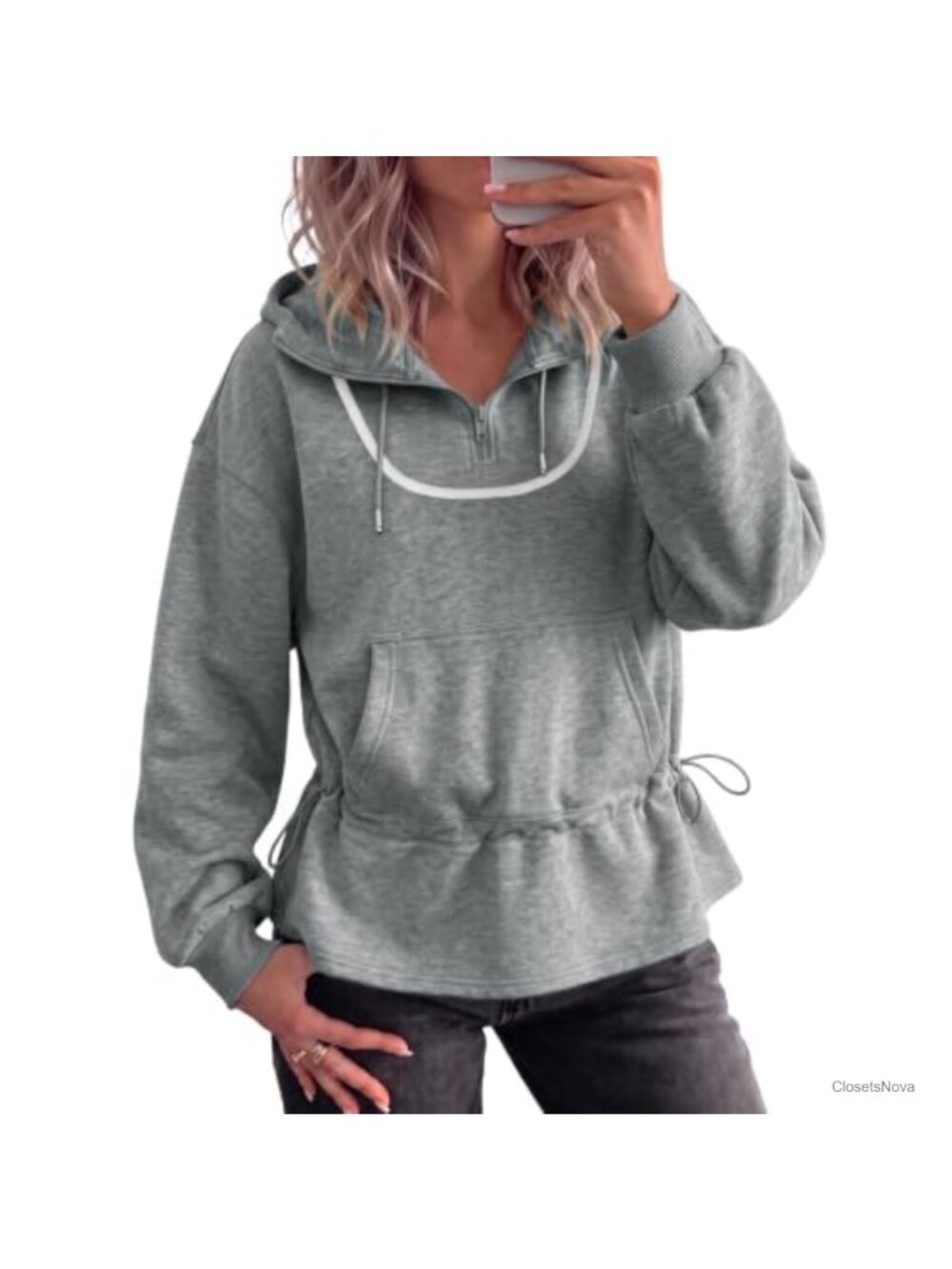 Oversized Half Zip Hoodie Sweatshirt Cinch Waist Ruffle Hem Y2K